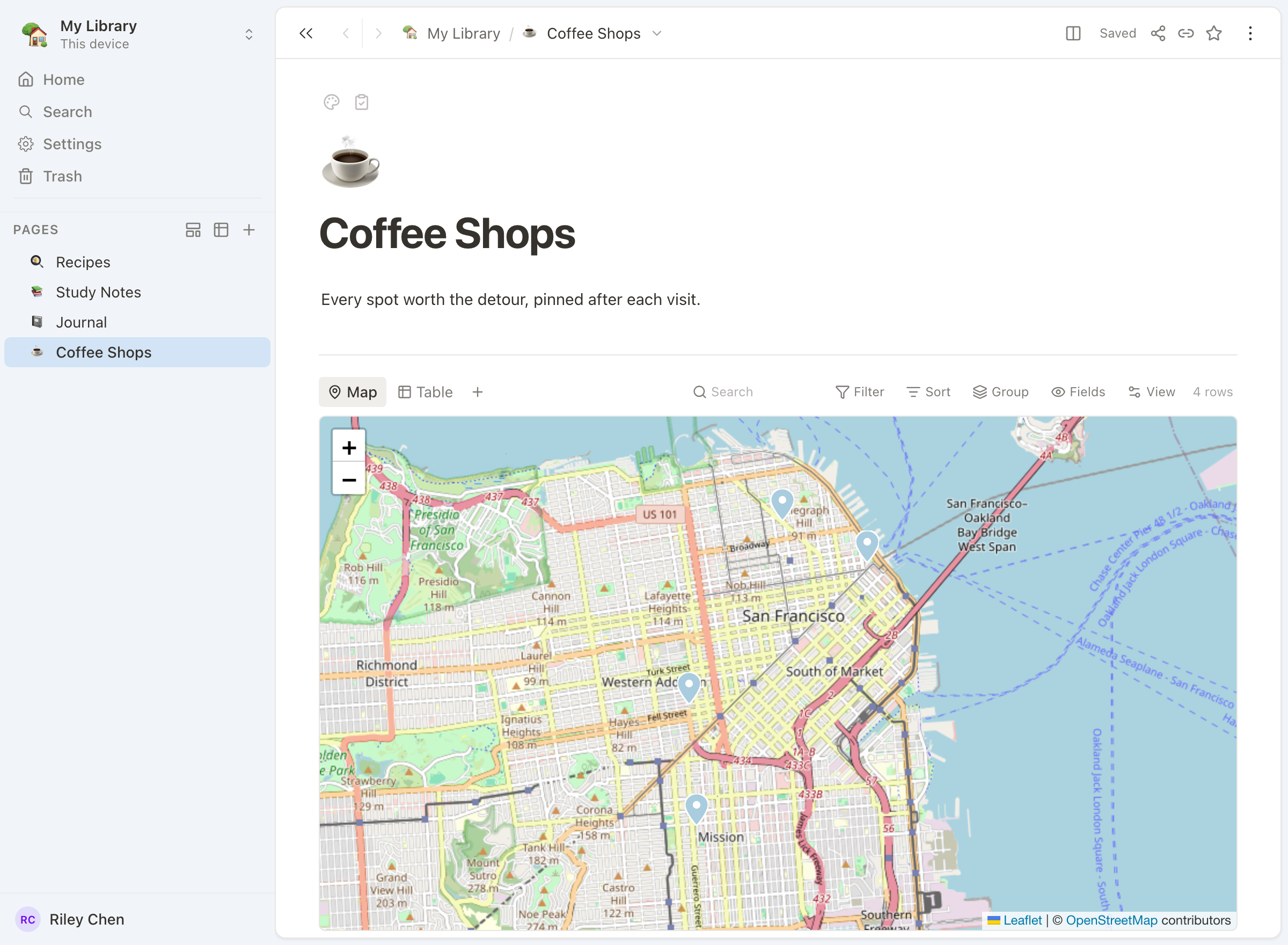 OpenBook showing the Coffee Shops page as a map with two pins